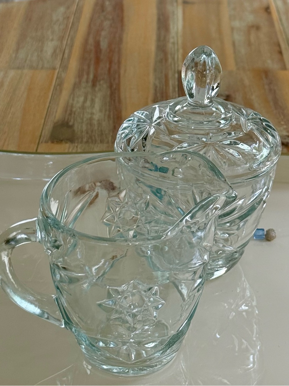 Vintage Anchor Hocking Star of David Cut Glass Sugar Bowl with Lid and Creamer
